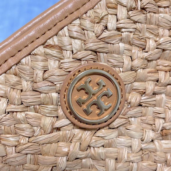 Tory Burch Rae Floral Raffia Embellished Lined Straw Tote Bag w Leather Straps - Picture 6 of 6